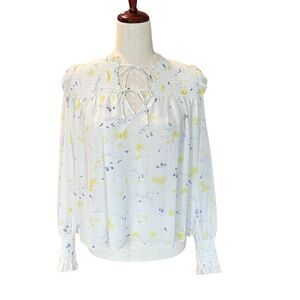 Tahari Long Sleeve Floral Sheer Lined Blouse White-Yellow Size XS